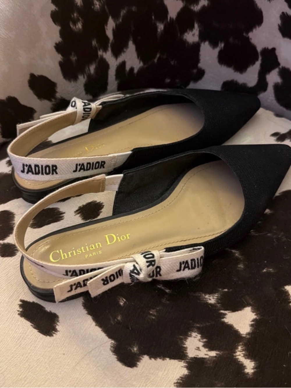 Dior Black Pointed J'adore Ribbon Slingback Flats